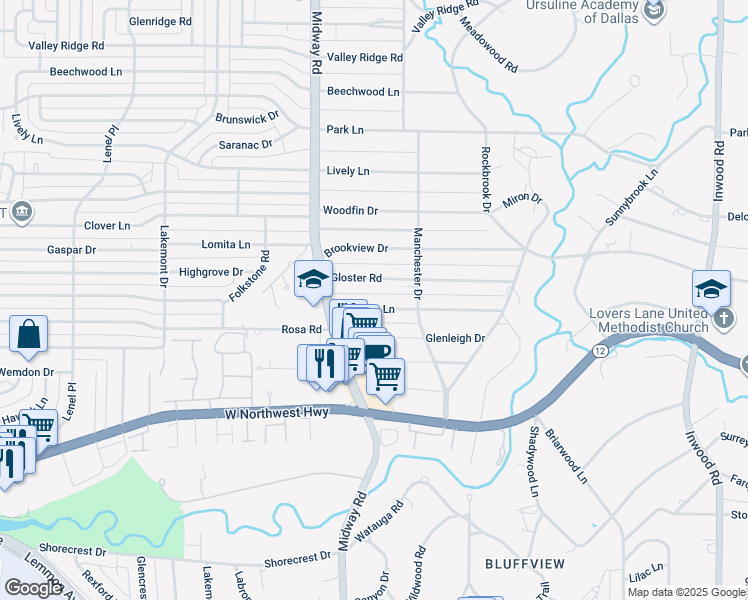 map of restaurants, bars, coffee shops, grocery stores, and more near 4317 Manning Lane in Dallas