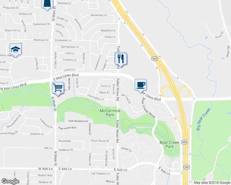 map of restaurants, bars, coffee shops, grocery stores, and more near 2208 Erwin Drive in Euless
