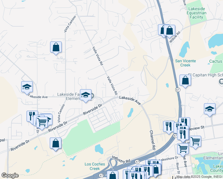 map of restaurants, bars, coffee shops, grocery stores, and more near 10440 Valle Vista Road in Lakeside