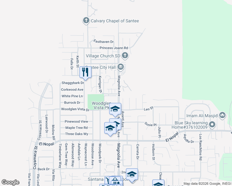 map of restaurants, bars, coffee shops, grocery stores, and more near 10352 Kerrigan Street in Santee