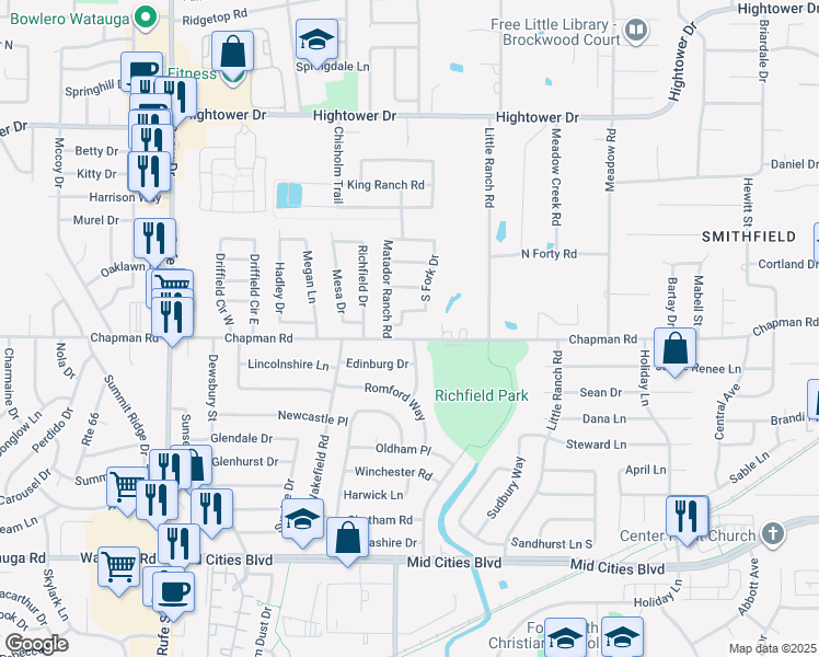 map of restaurants, bars, coffee shops, grocery stores, and more near 6708 South Fork Drive in North Richland Hills