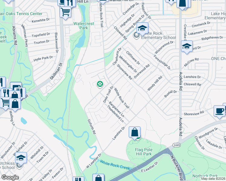 map of restaurants, bars, coffee shops, grocery stores, and more near 7940 Deer Trail Drive in Dallas
