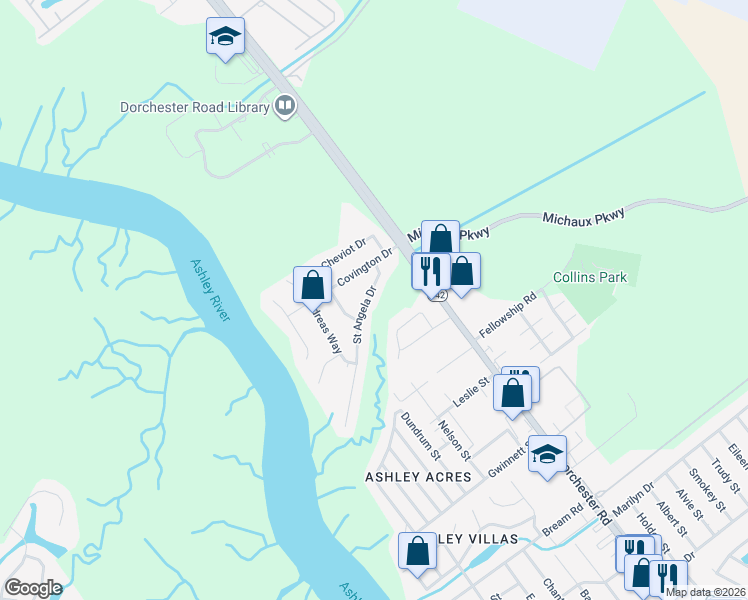 map of restaurants, bars, coffee shops, grocery stores, and more near 5855 Saint Angela Drive in North Charleston