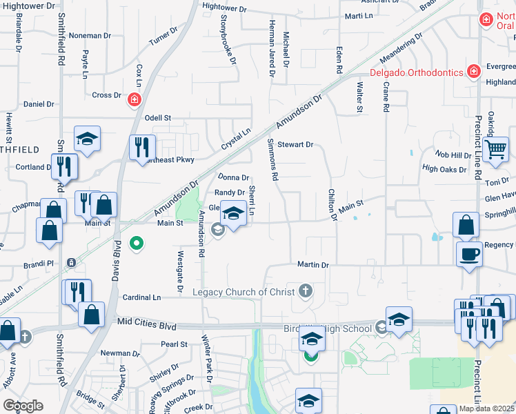 map of restaurants, bars, coffee shops, grocery stores, and more near 6512 Sherri Lane in North Richland Hills