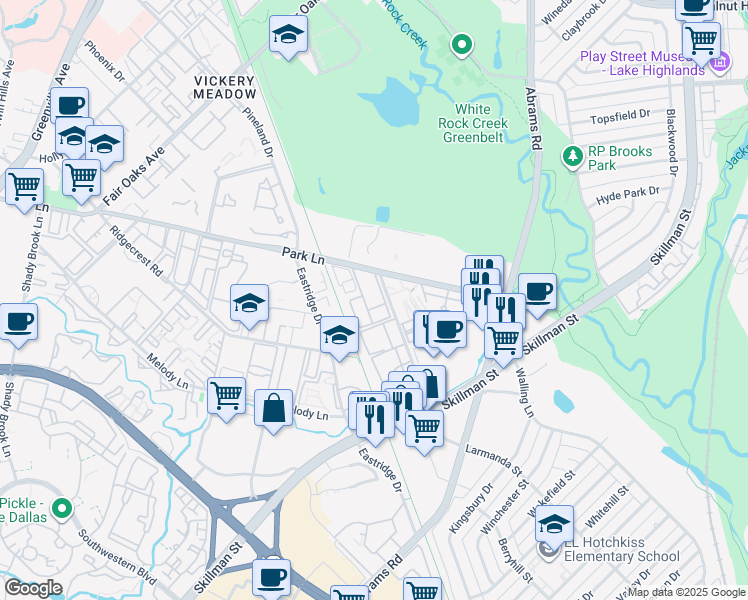 map of restaurants, bars, coffee shops, grocery stores, and more near 8784 Park Lane in Dallas