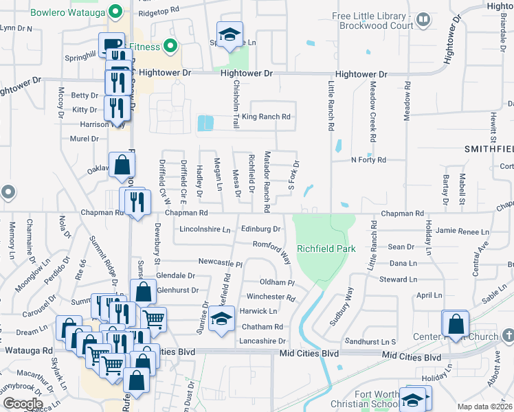map of restaurants, bars, coffee shops, grocery stores, and more near 6704 Richfield Drive in Fort Worth