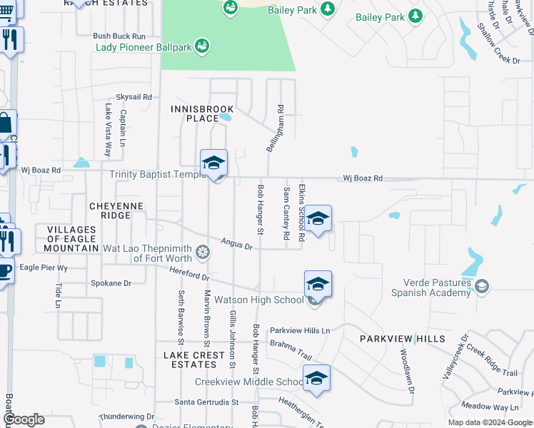 map of restaurants, bars, coffee shops, grocery stores, and more near 7300 Bob Hanger Street in Fort Worth