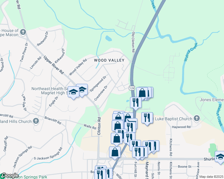 map of restaurants, bars, coffee shops, grocery stores, and more near 1886 Clinton Road in Macon