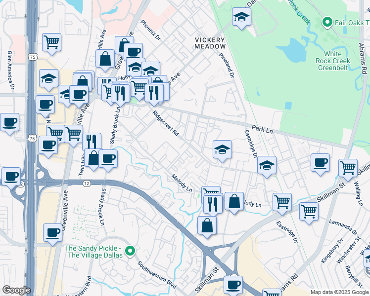map of restaurants, bars, coffee shops, grocery stores, and more near 6122 Ridgecrest Road in Dallas
