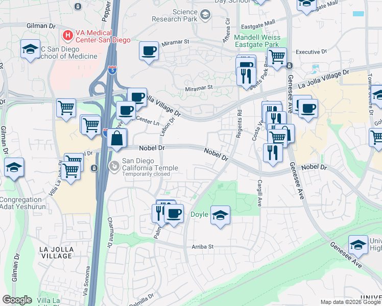 map of restaurants, bars, coffee shops, grocery stores, and more near 3925 Nobel Drive in San Diego