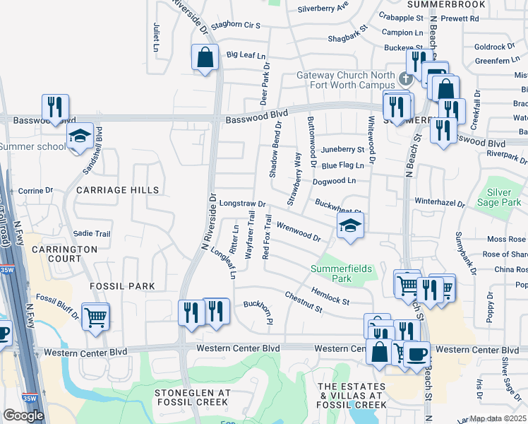map of restaurants, bars, coffee shops, grocery stores, and more near 6928 Wayfarer Trail in Fort Worth