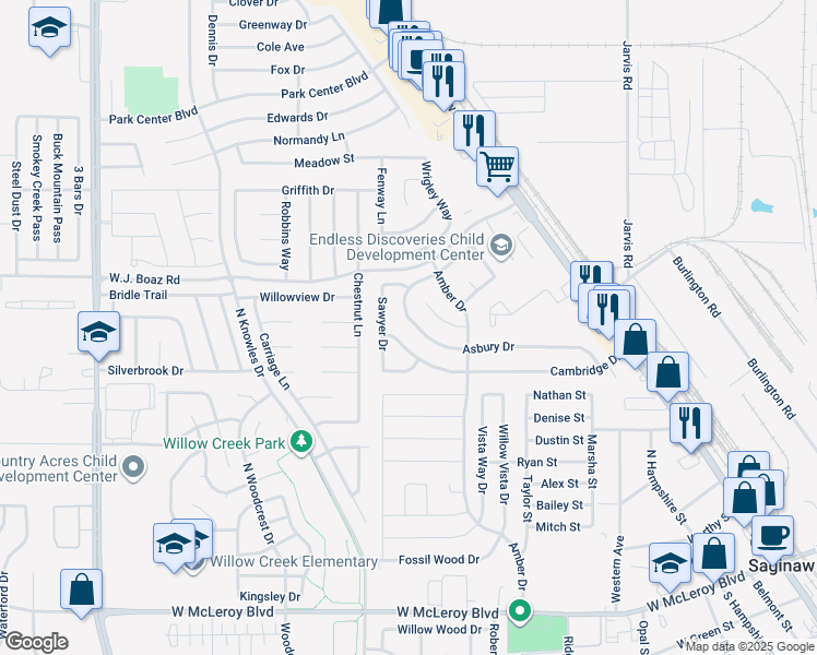 map of restaurants, bars, coffee shops, grocery stores, and more near 549 Asbury Drive in Saginaw