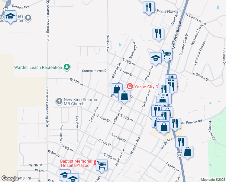 map of restaurants, bars, coffee shops, grocery stores, and more near 1531 Barnwell Street in Yazoo City