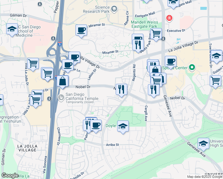 map of restaurants, bars, coffee shops, grocery stores, and more near 3925 Nobel Drive in San Diego