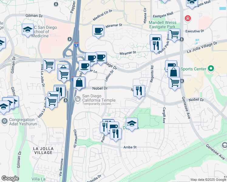map of restaurants, bars, coffee shops, grocery stores, and more near 3845 Nobel Drive in San Diego
