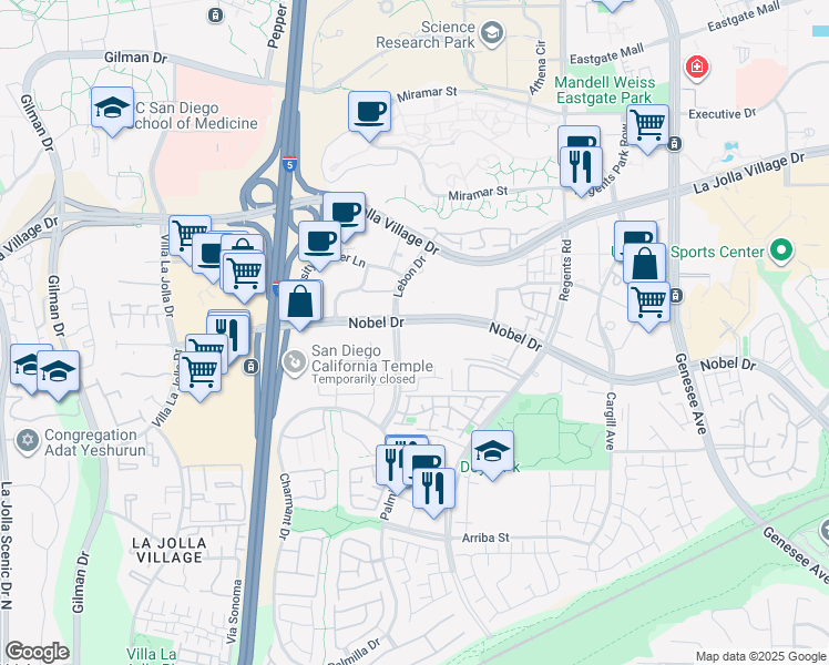 map of restaurants, bars, coffee shops, grocery stores, and more near 3845 Nobel Drive in San Diego