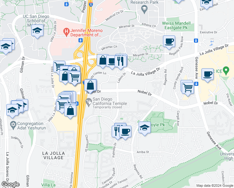 map of restaurants, bars, coffee shops, grocery stores, and more near 3466-3498 Lebon Drive in San Diego