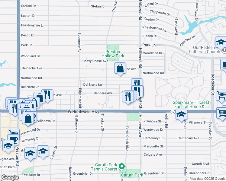 map of restaurants, bars, coffee shops, grocery stores, and more near 6625 Bandera Avenue in Dallas