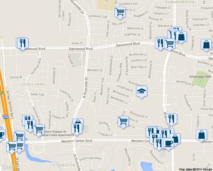 map of restaurants, bars, coffee shops, grocery stores, and more near 6928 Wayfarer Trail in Fort Worth