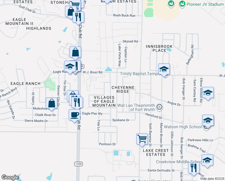 map of restaurants, bars, coffee shops, grocery stores, and more near 7201 Wavecrest Way in Fort Worth