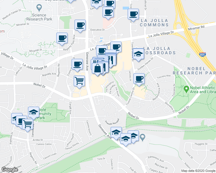 map of restaurants, bars, coffee shops, grocery stores, and more near 4441 Via Precipicio in San Diego