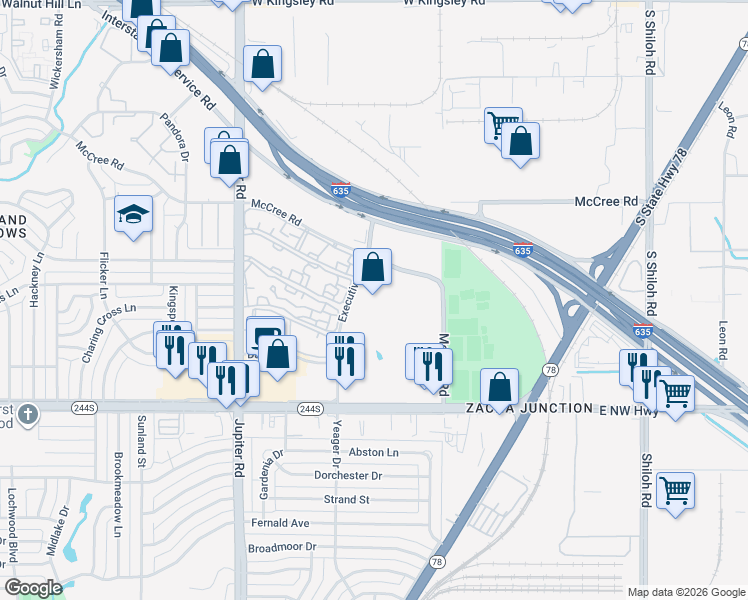 map of restaurants, bars, coffee shops, grocery stores, and more near 12710 Executive Drive in Dallas