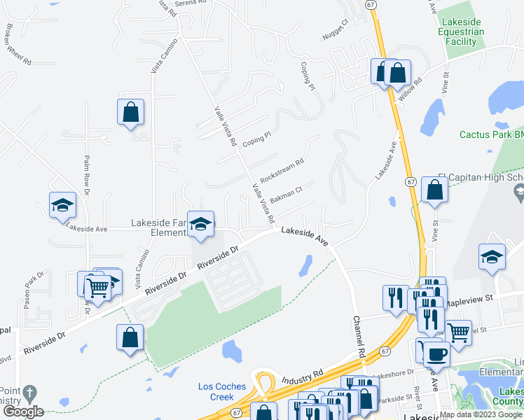 map of restaurants, bars, coffee shops, grocery stores, and more near 10440 Valle Vista Road in Lakeside