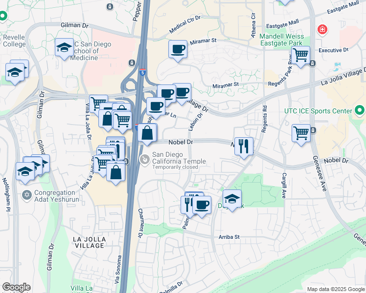 map of restaurants, bars, coffee shops, grocery stores, and more near 3466-3498 Lebon Drive in San Diego
