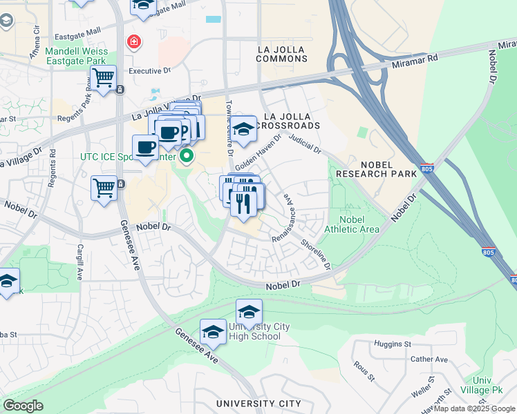 map of restaurants, bars, coffee shops, grocery stores, and more near 8917 Towne Centre Drive in San Diego