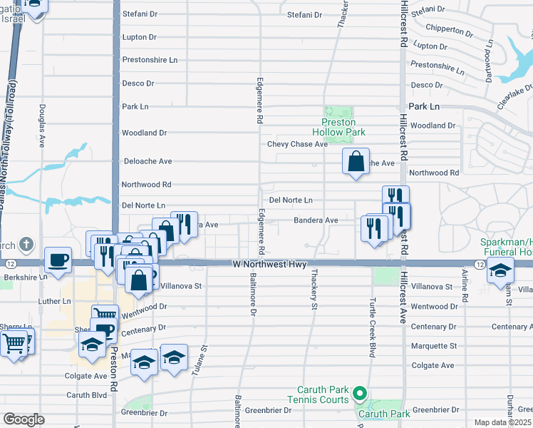 map of restaurants, bars, coffee shops, grocery stores, and more near 6405 Bandera Avenue in Dallas