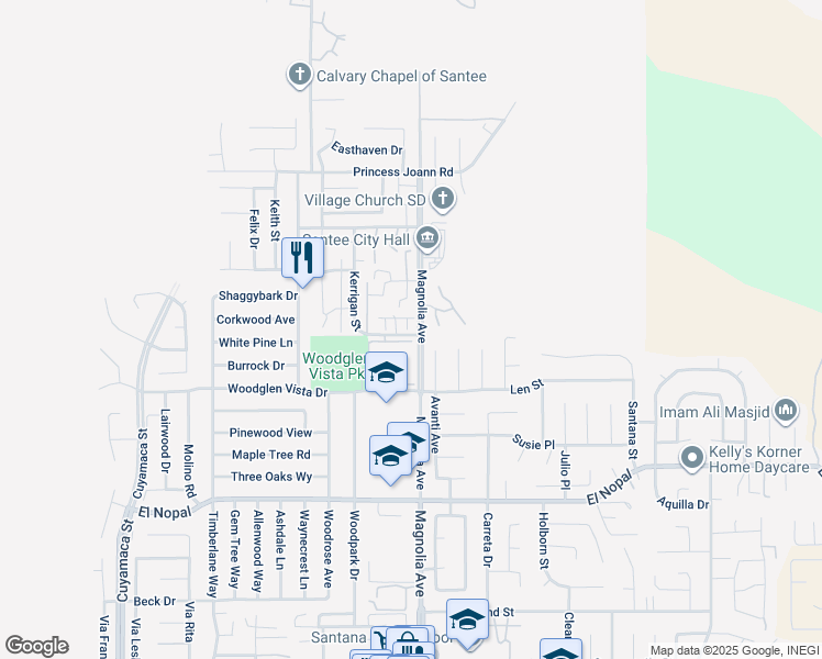 map of restaurants, bars, coffee shops, grocery stores, and more near 10356 Kerrigan Street in Santee