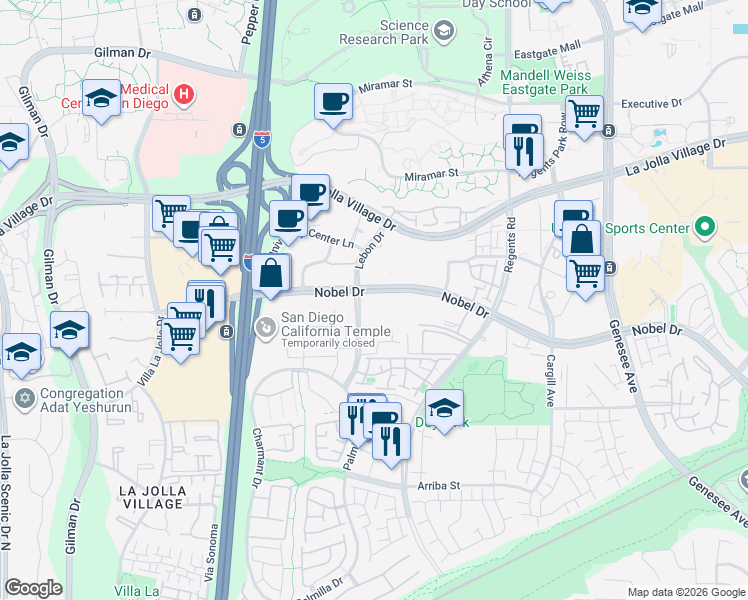 map of restaurants, bars, coffee shops, grocery stores, and more near 3845 Nobel Drive in San Diego