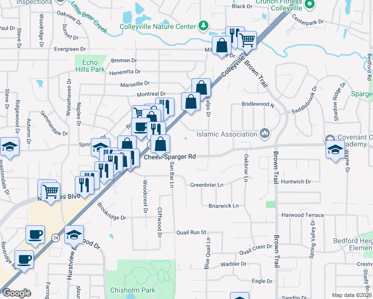 map of restaurants, bars, coffee shops, grocery stores, and more near 124 Cheek-Sparger Road in Colleyville