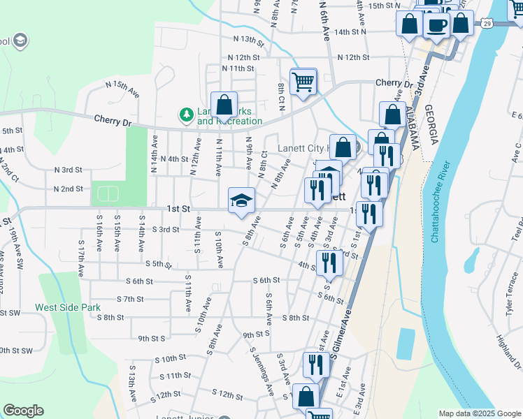 map of restaurants, bars, coffee shops, grocery stores, and more near 200 South 8th Avenue in Lanett