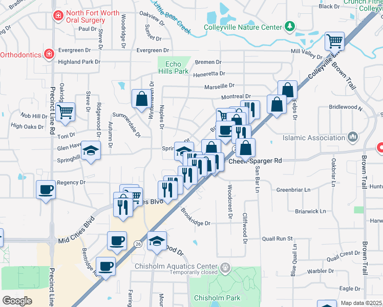 map of restaurants, bars, coffee shops, grocery stores, and more near 2732 Woodbridge Dr in Hurst