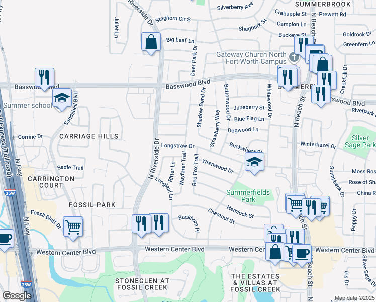 map of restaurants, bars, coffee shops, grocery stores, and more near 6928 Wayfarer Trail in Fort Worth