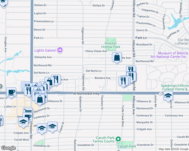 map of restaurants, bars, coffee shops, grocery stores, and more near 6505 Bandera Avenue in Dallas