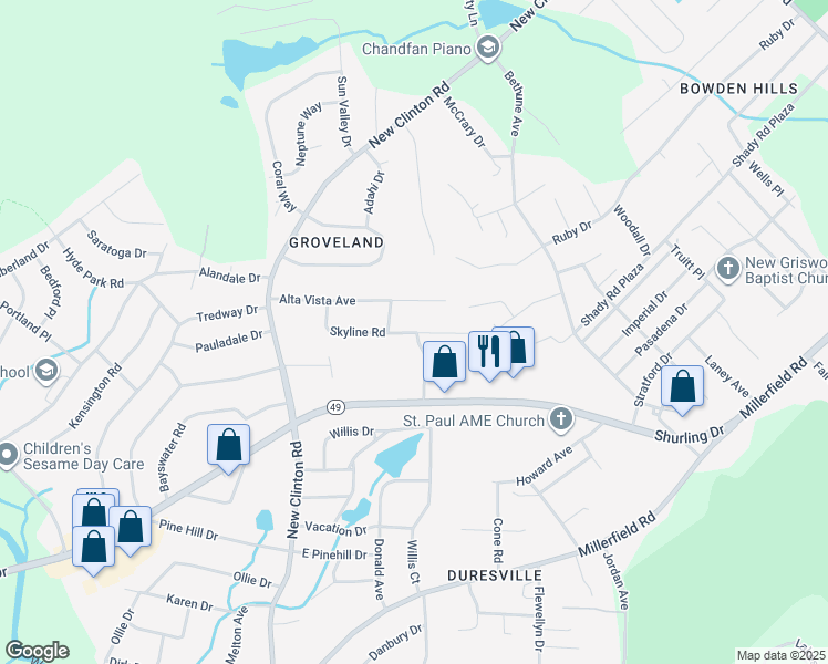 map of restaurants, bars, coffee shops, grocery stores, and more near 2901 Skyline Road in Macon