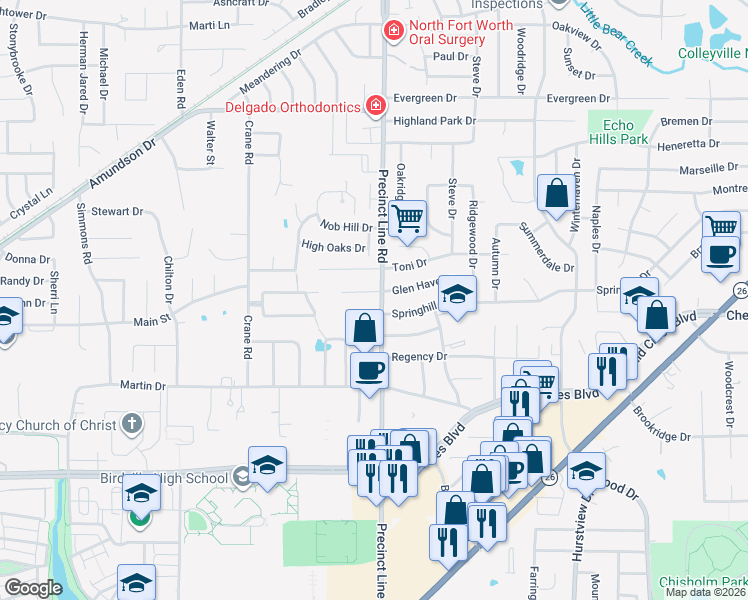 map of restaurants, bars, coffee shops, grocery stores, and more near 9228 Glenhaven Court in North Richland Hills