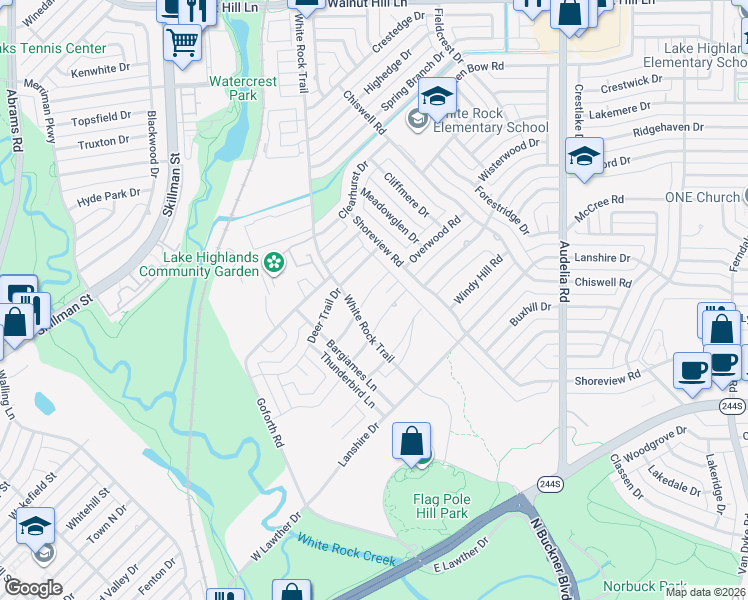 map of restaurants, bars, coffee shops, grocery stores, and more near 8022 Nimrod Trail in Dallas