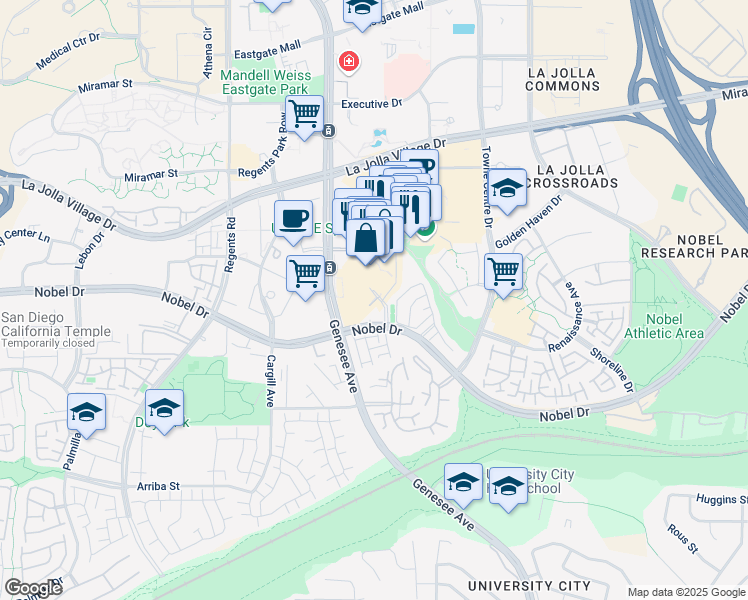 map of restaurants, bars, coffee shops, grocery stores, and more near 8800 Lombard Place in San Diego
