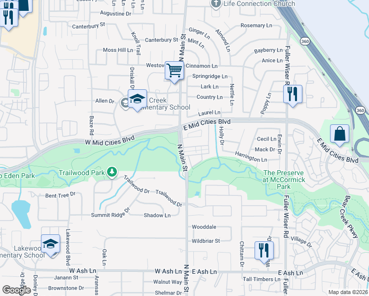 map of restaurants, bars, coffee shops, grocery stores, and more near 190 Abbey Road in Euless