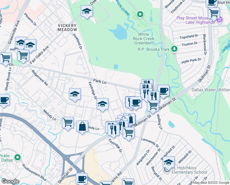 map of restaurants, bars, coffee shops, grocery stores, and more near 8784 Park Lane in Dallas