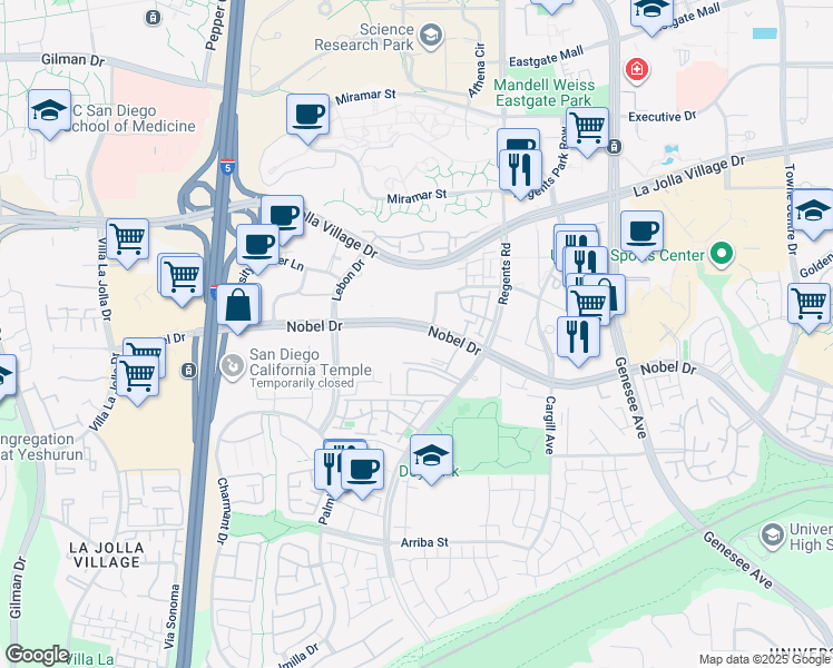 map of restaurants, bars, coffee shops, grocery stores, and more near 3935 Nobel Drive in San Diego