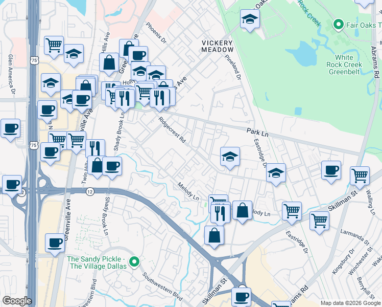 map of restaurants, bars, coffee shops, grocery stores, and more near 6117 Melody Lane in Dallas
