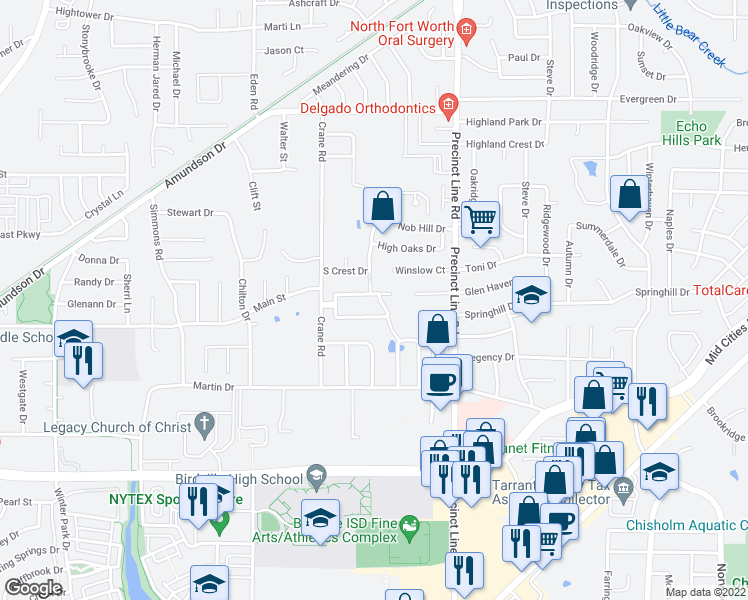 map of restaurants, bars, coffee shops, grocery stores, and more near 9024 Cedar Bluffs Drive in North Richland Hills