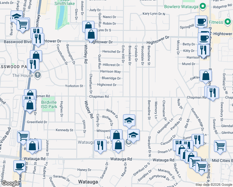 map of restaurants, bars, coffee shops, grocery stores, and more near 6050 Hill Court in Watauga