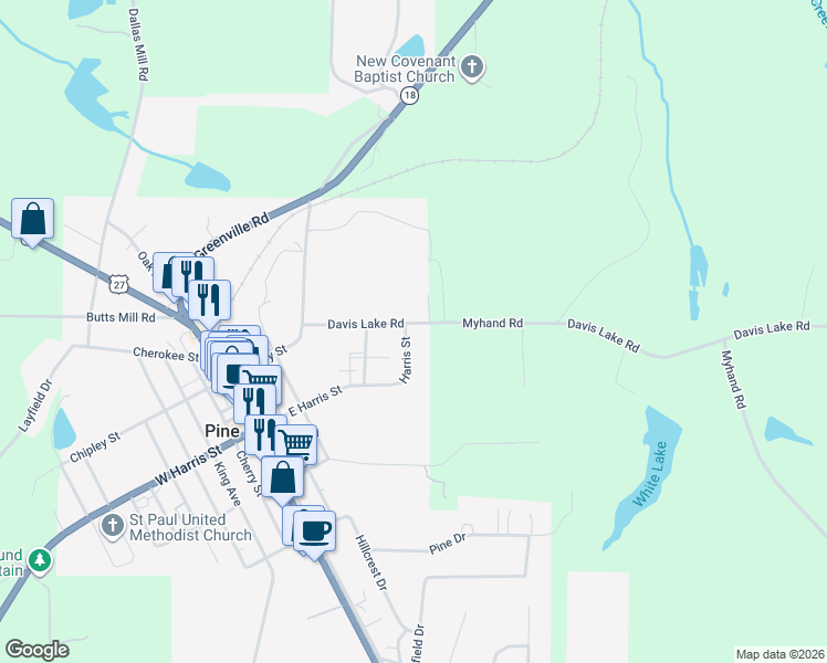 map of restaurants, bars, coffee shops, grocery stores, and more near 484 East Harris Street in Pine Mountain