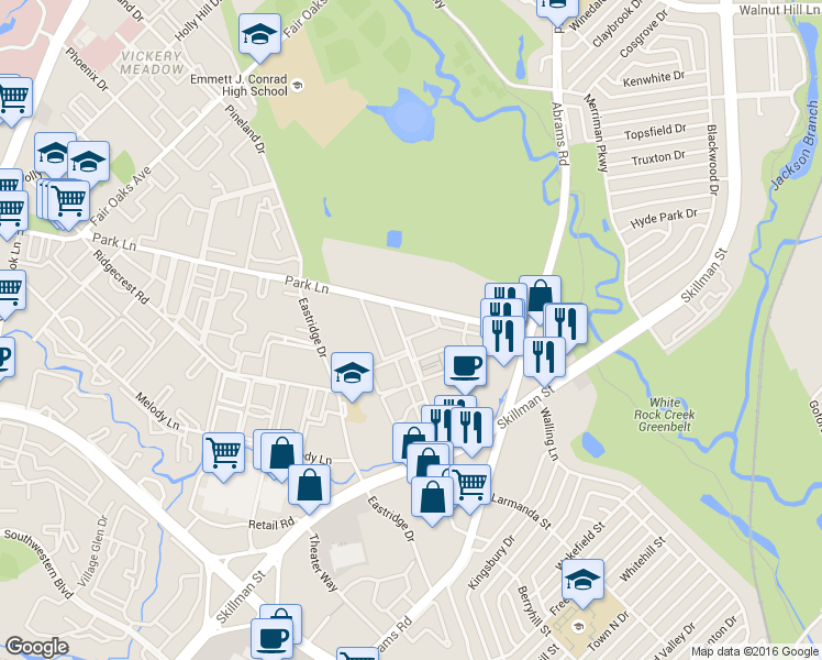 map of restaurants, bars, coffee shops, grocery stores, and more near 6852 Larmanda Street in Dallas