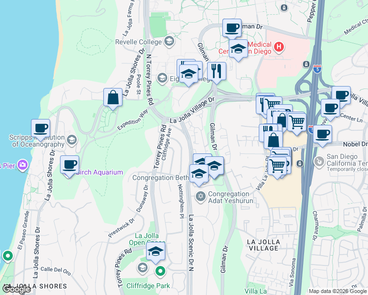 map of restaurants, bars, coffee shops, grocery stores, and more near 8901 Nottingham Place in San Diego